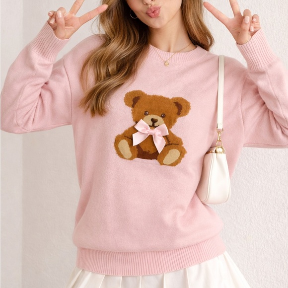 Urband Weekend Sweaters - Forever 21 - Pink Sweater with Teddy Bear Design, Size Medium